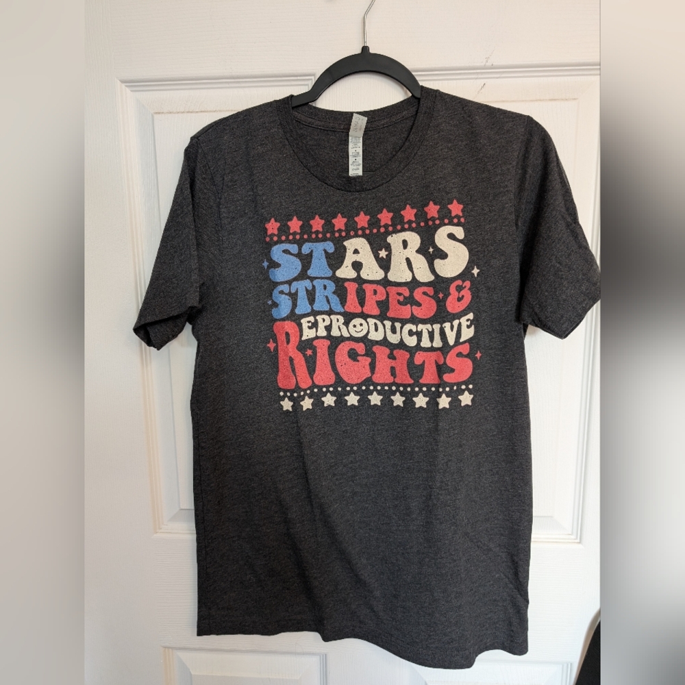 Bella Canvas Dark Gray Tee with Red, Blue & Cream Graphic